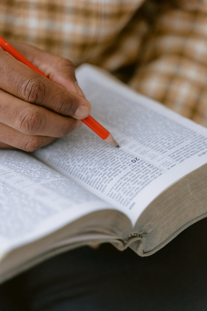A hand holding a pencil marks text in an open holy Bible, emphasizing religious study.